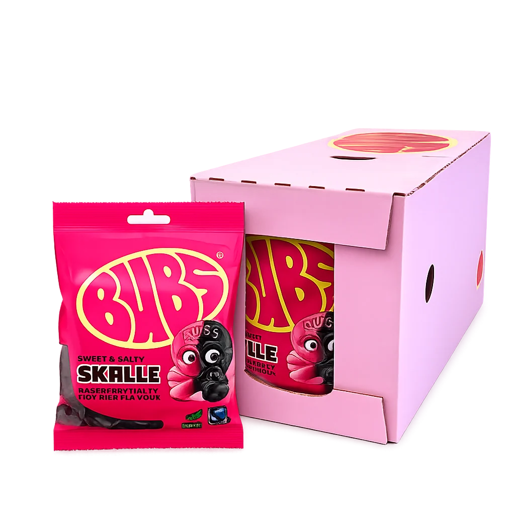 BUBS Raspberry Salty Licorice Skalle 90g 16st Storpack
